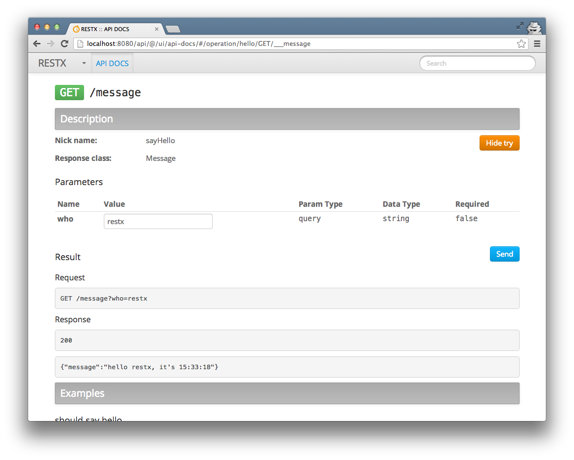 Try hello resource in RESTX API DOCS
