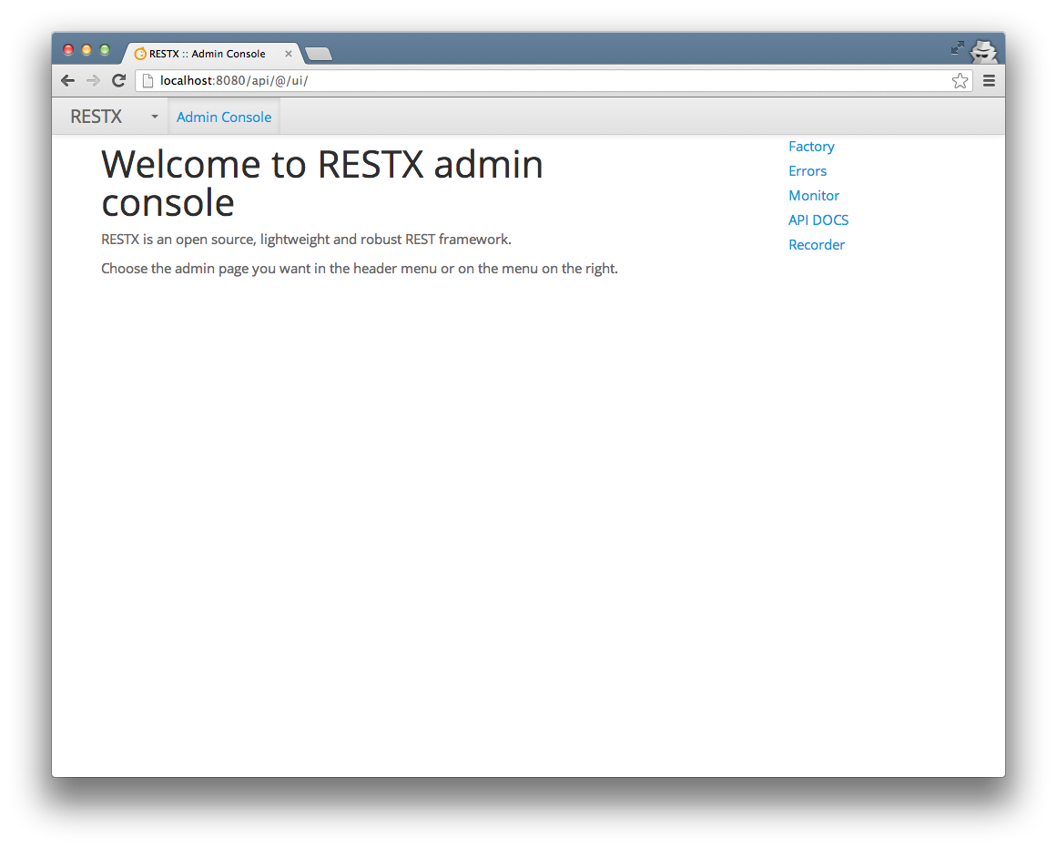 RESTX admin console home