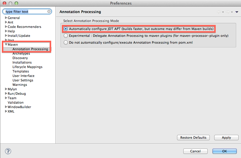 setup maven annotation processing in preferences